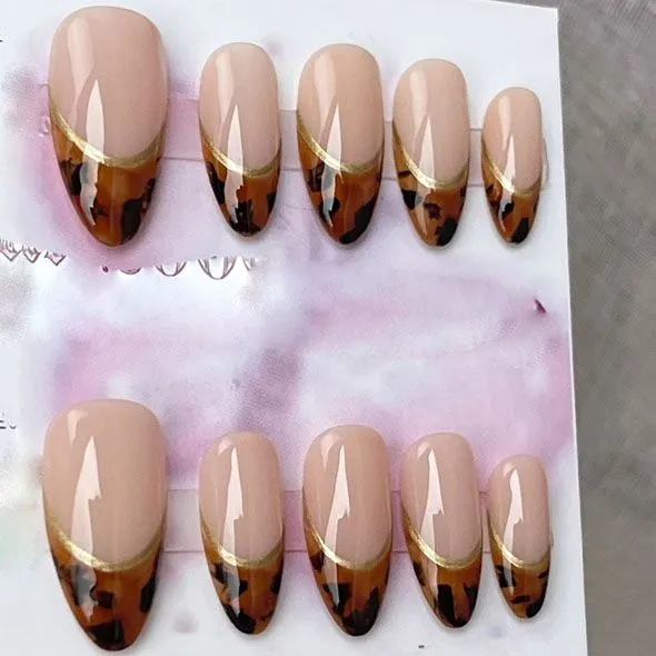 10 PCS Short Almond French Tip Acrylic Brown Marble Nails