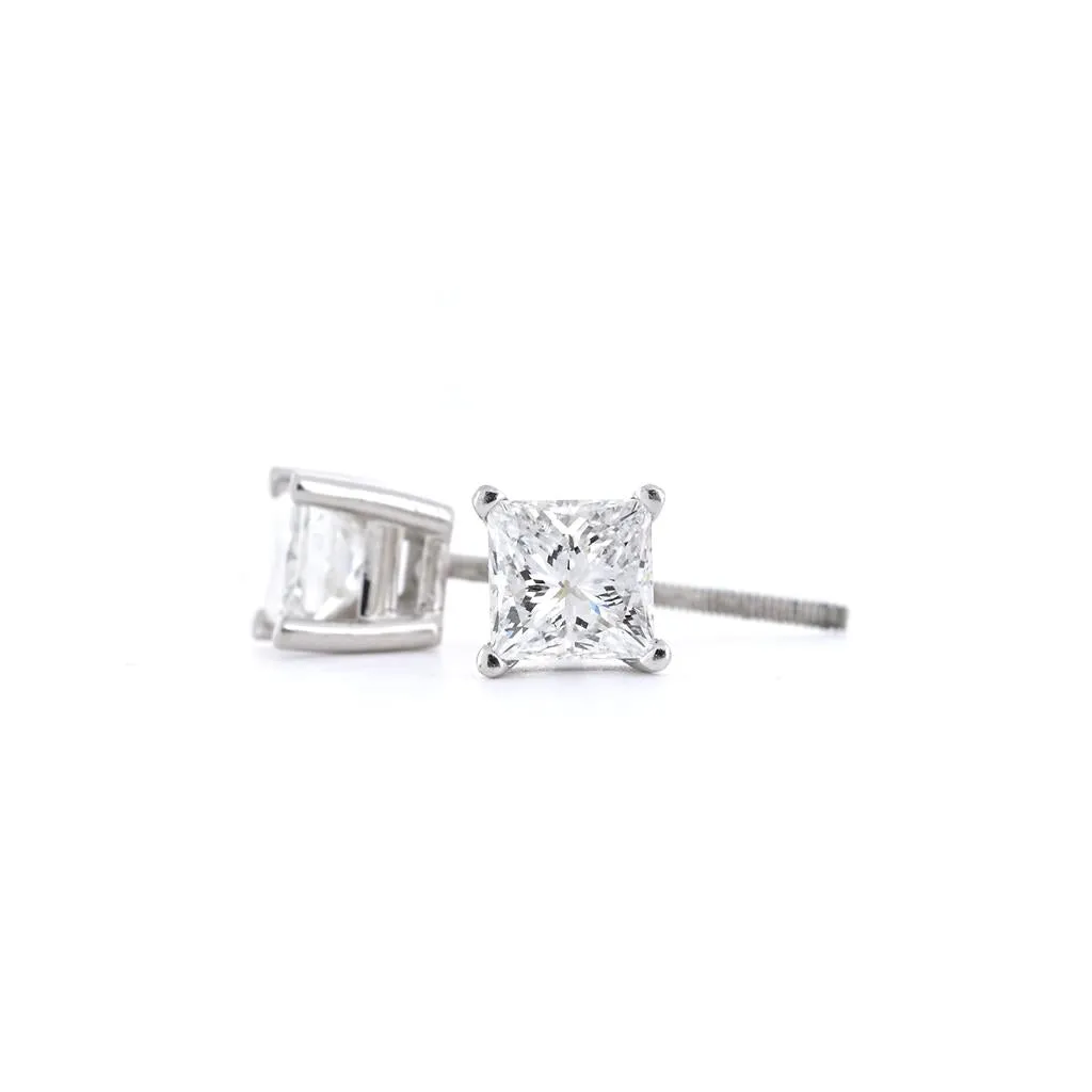 1.0ctw Princess Diamond Stud Earrings, Screw Back - 950 Platinum