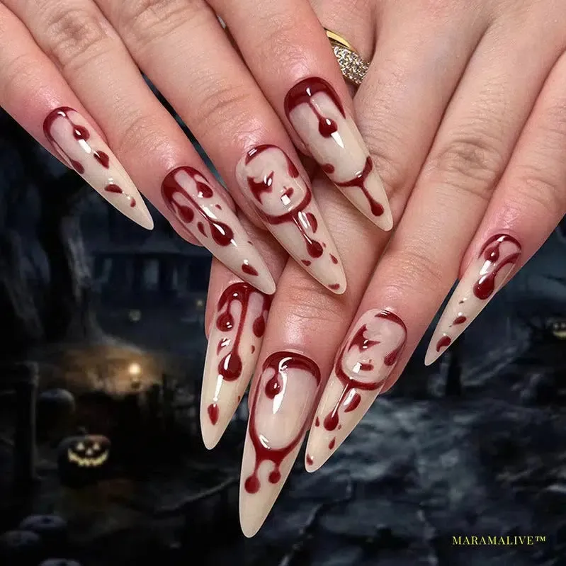 24Pcs Horror Comic Halloween False Nail Tomie Press on Nails Almond Glossy Black Japanese Anime Nails Reusable Tips for Girls