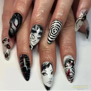 24Pcs Horror Comic Halloween False Nail Tomie Press on Nails Almond Glossy Black Japanese Anime Nails Reusable Tips for Girls