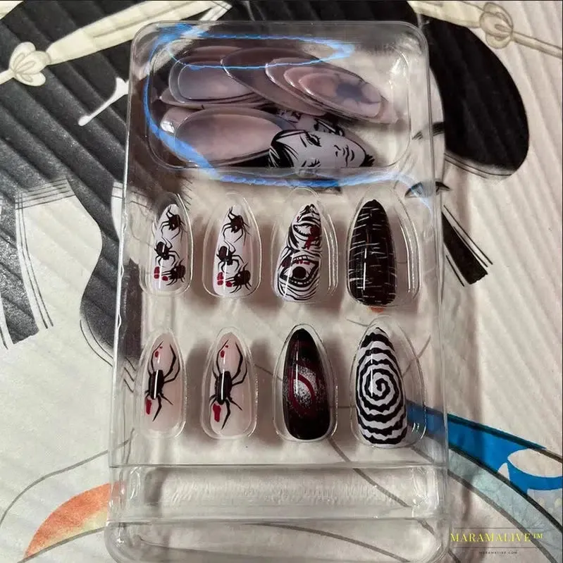 24Pcs Horror Comic Halloween False Nail Tomie Press on Nails Almond Glossy Black Japanese Anime Nails Reusable Tips for Girls