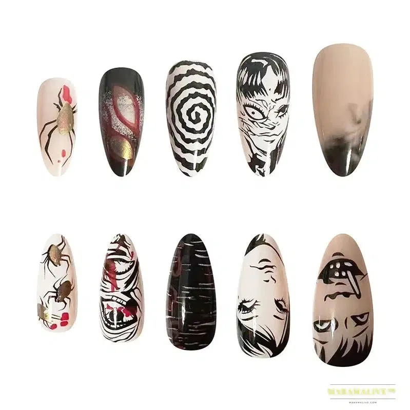 24Pcs Horror Comic Halloween False Nail Tomie Press on Nails Almond Glossy Black Japanese Anime Nails Reusable Tips for Girls