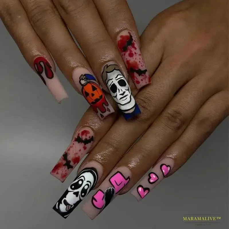 24Pcs Horror Comic Halloween False Nail Tomie Press on Nails Almond Glossy Black Japanese Anime Nails Reusable Tips for Girls