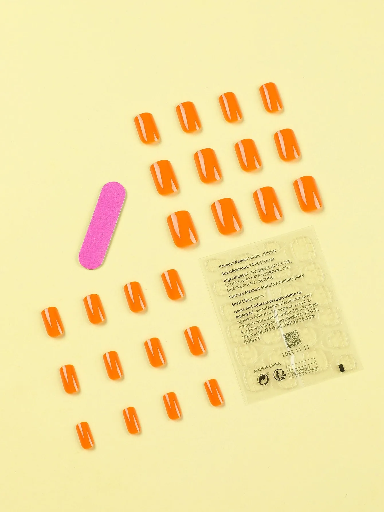 24pcs Long Square Orange Glossy Solid Fake Nail False Nails Press On Nails Glue