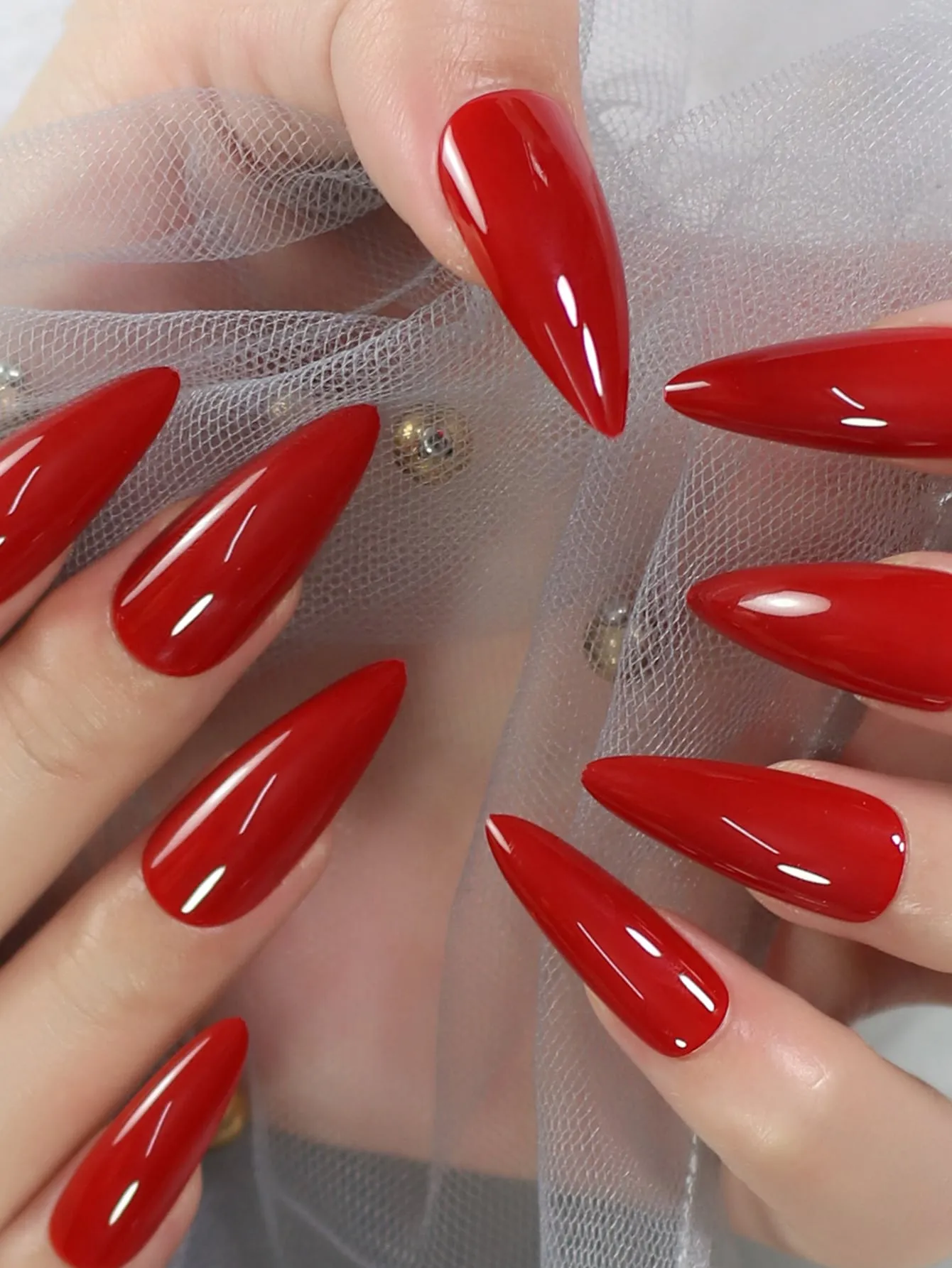 24pcs Long Stiletto Red Glossy Fake Nail False Nails Press On Nails Glue On