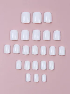 24pcs Long White Pure Color Glossy Square Fake Nail Press On Nails False Nails