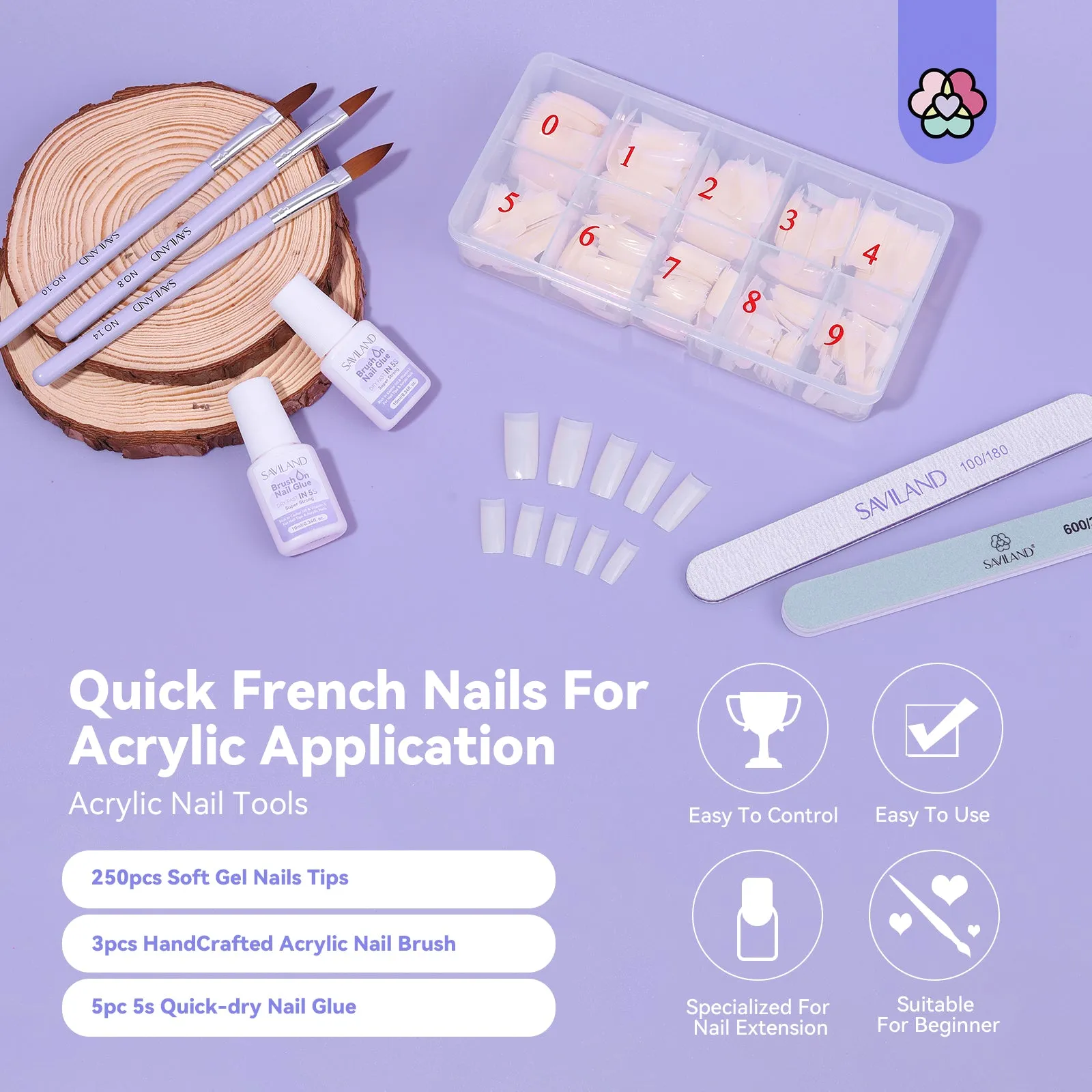 Acrylic Nail Tips and Glue Set - 250pcs, Fast-Dry Glue