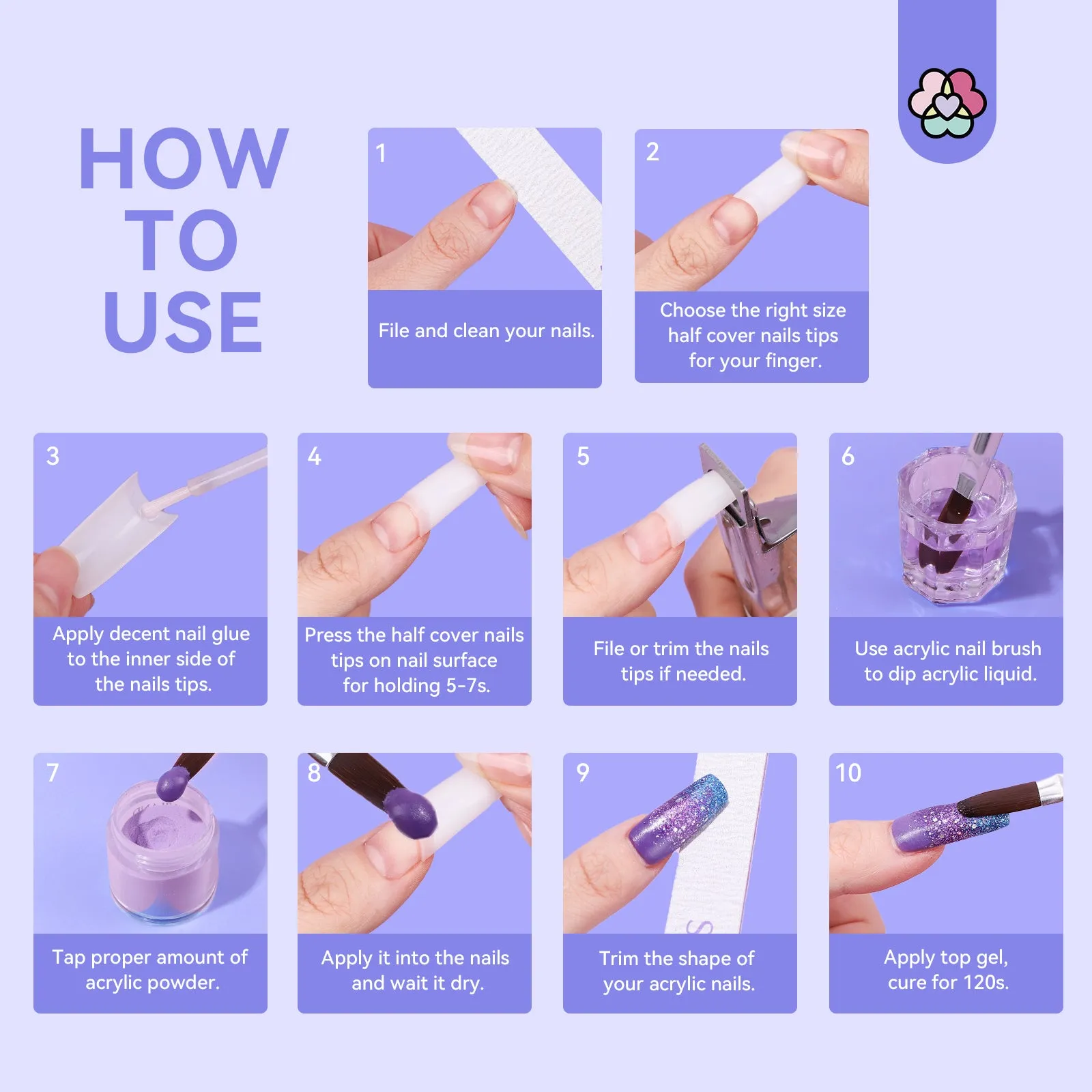 Acrylic Nail Tips and Glue Set - 250pcs, Fast-Dry Glue