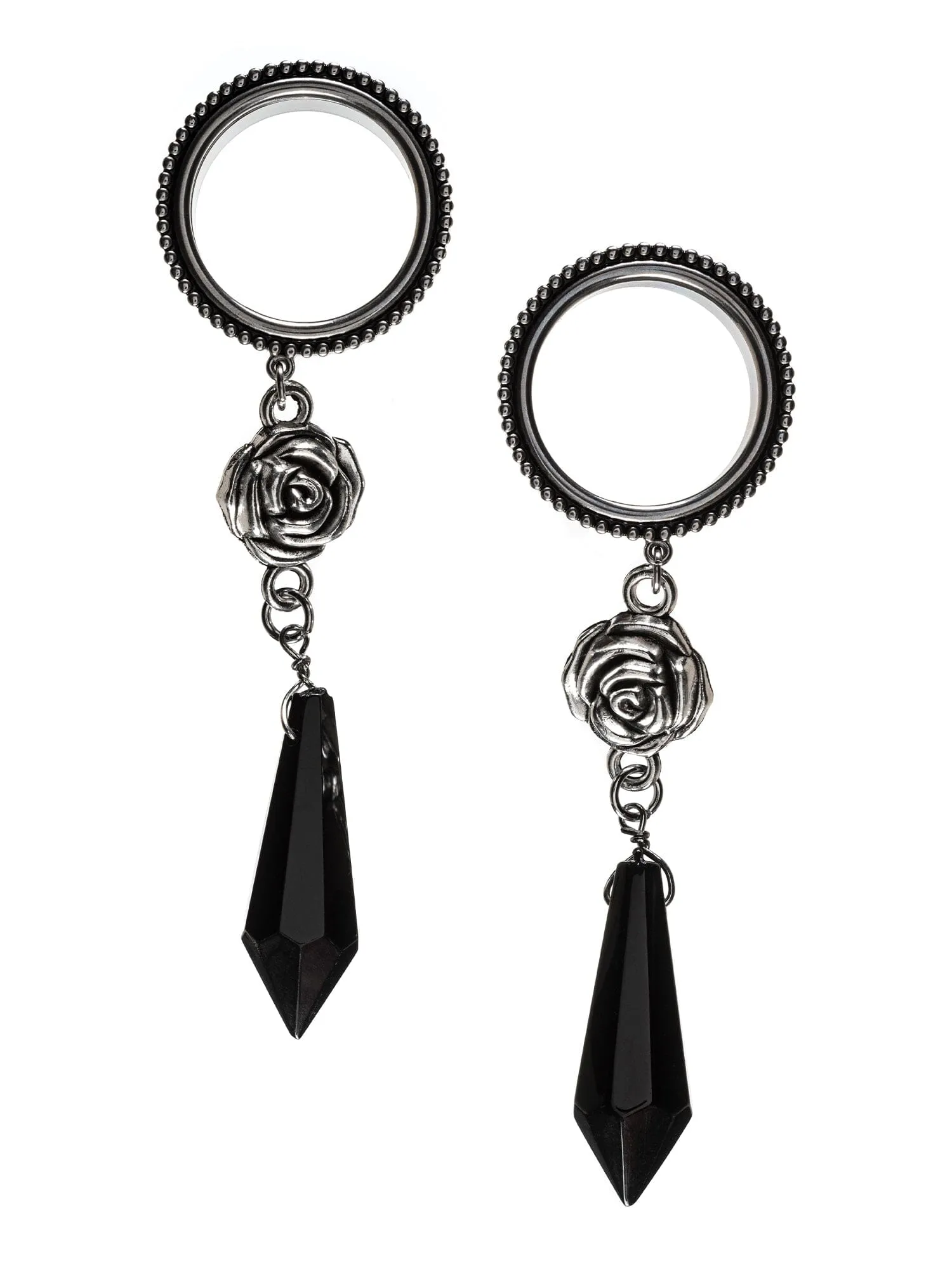 Black Crystal Rose Dangle Threaded Steel Tunnels