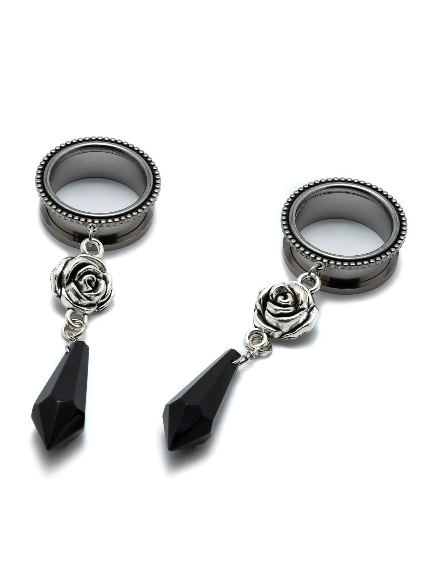 Black Crystal Rose Dangle Threaded Steel Tunnels