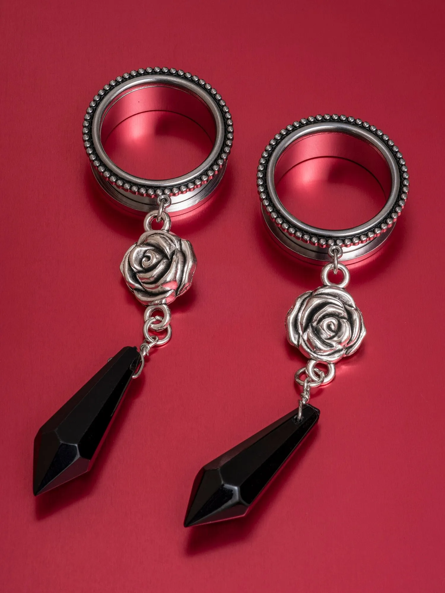 Black Crystal Rose Dangle Threaded Steel Tunnels