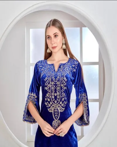 Blue Heavy Embroidered Velvet Full Sleeves Kurti Pant Set