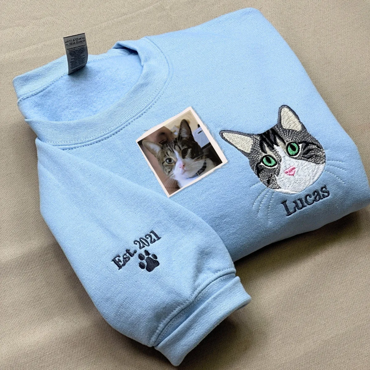 Custom Embroidered Cat Mom Sweatshirt or Hoodie from Photo, Personalized Unique Gift for Cat Lover Woman