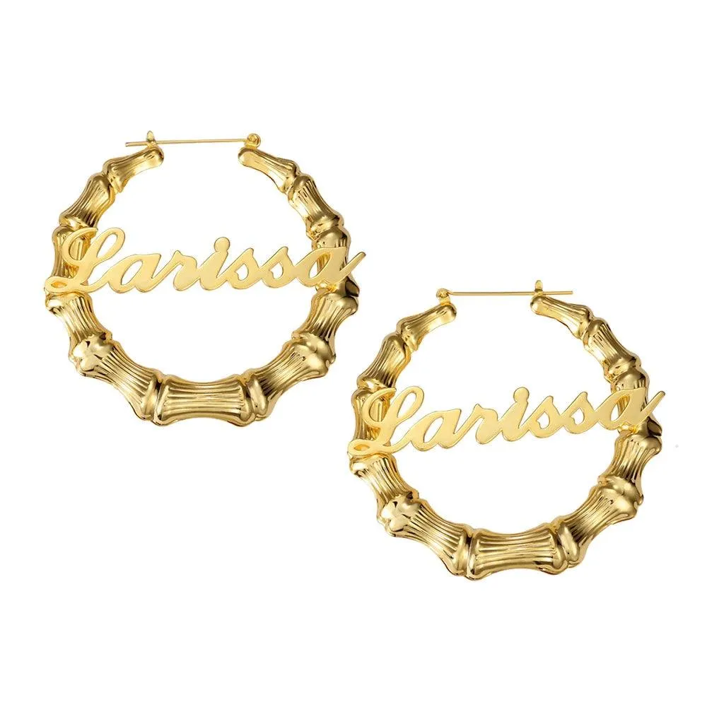 Custom Name Gold-Plated Stainless Steel Bamboo Hoop Earrings