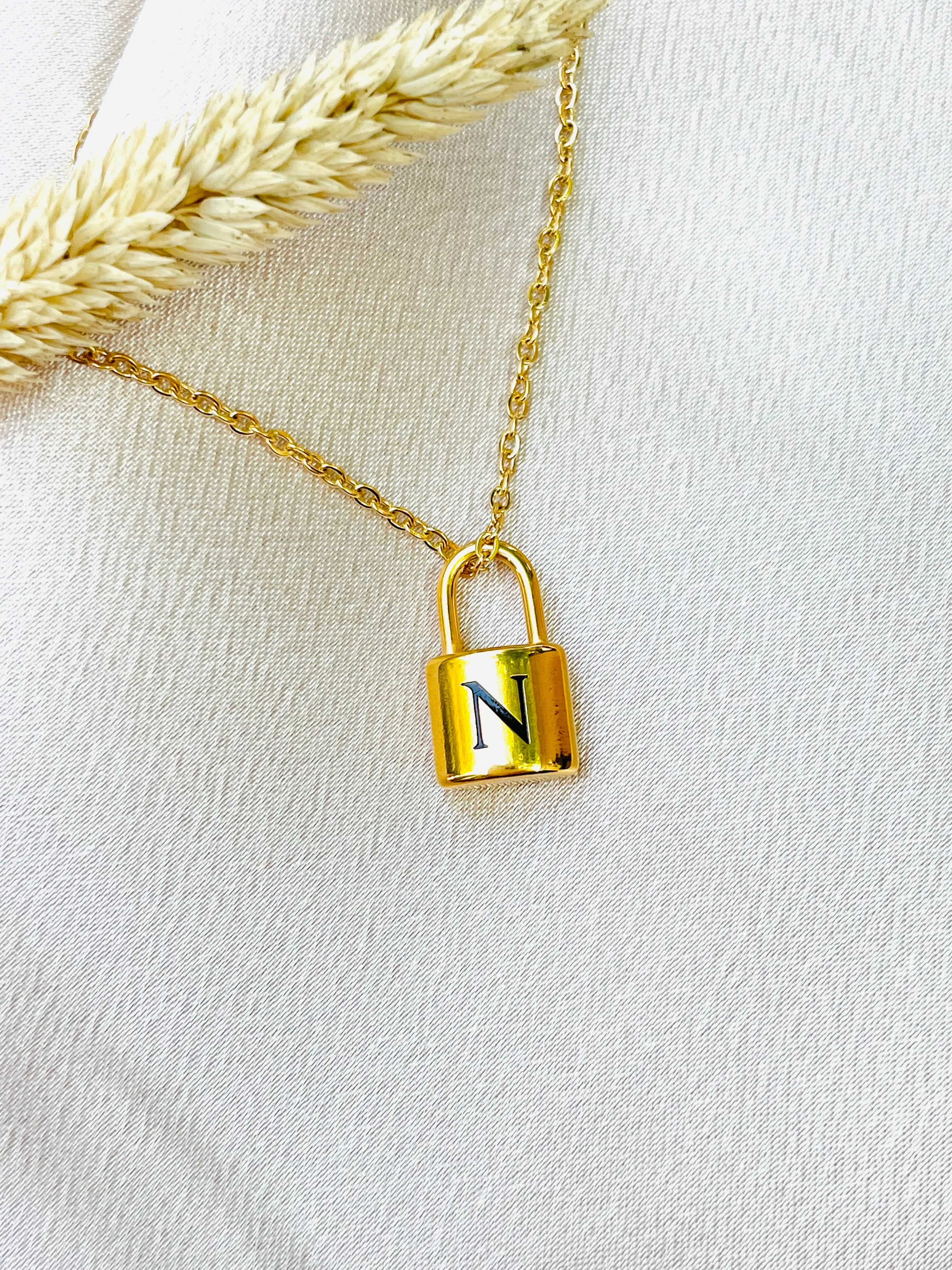 Initial letter necklace,gold chain lock#-01462SSN-14