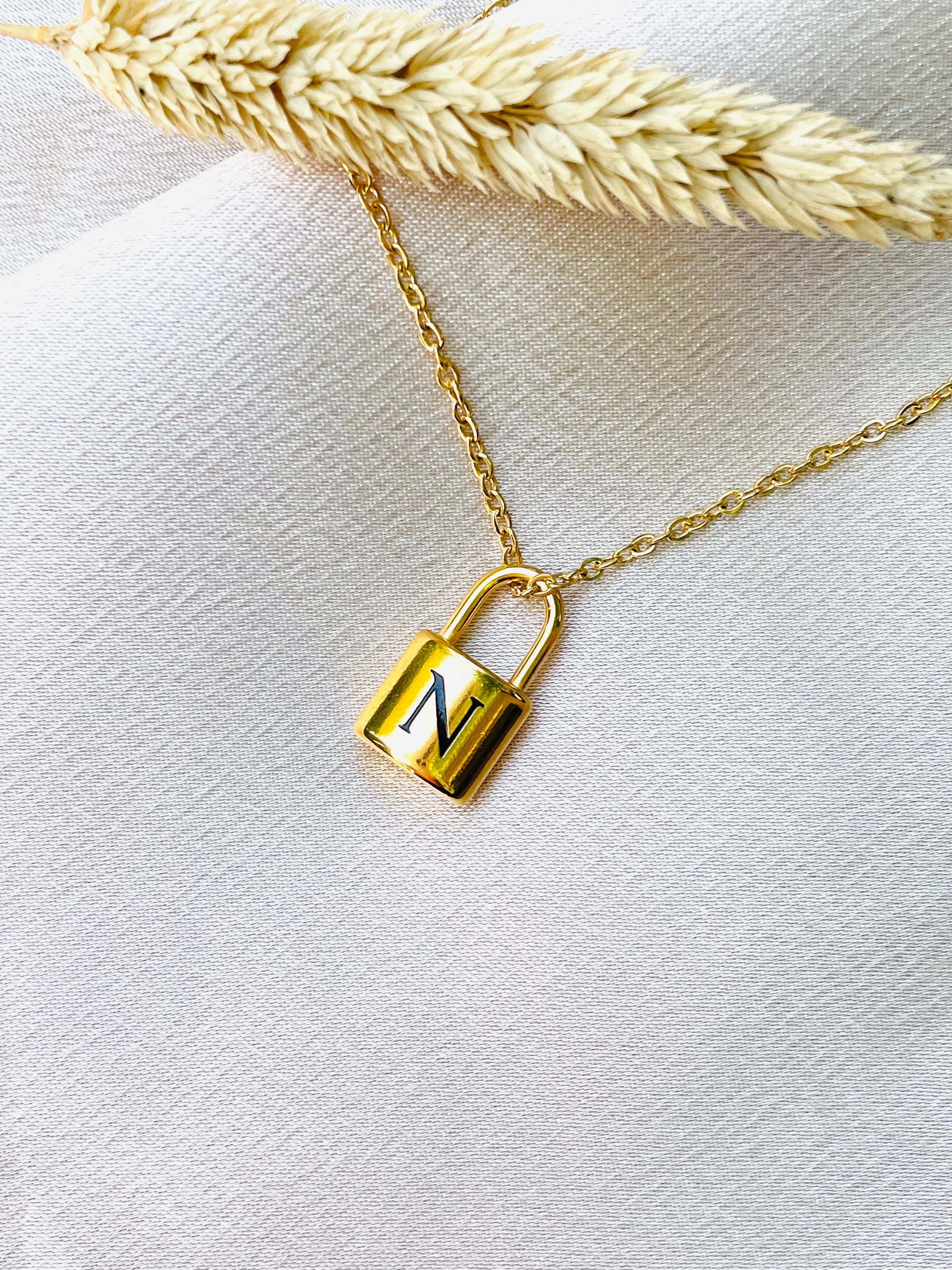 Initial letter necklace,gold chain lock#-01462SSN-14