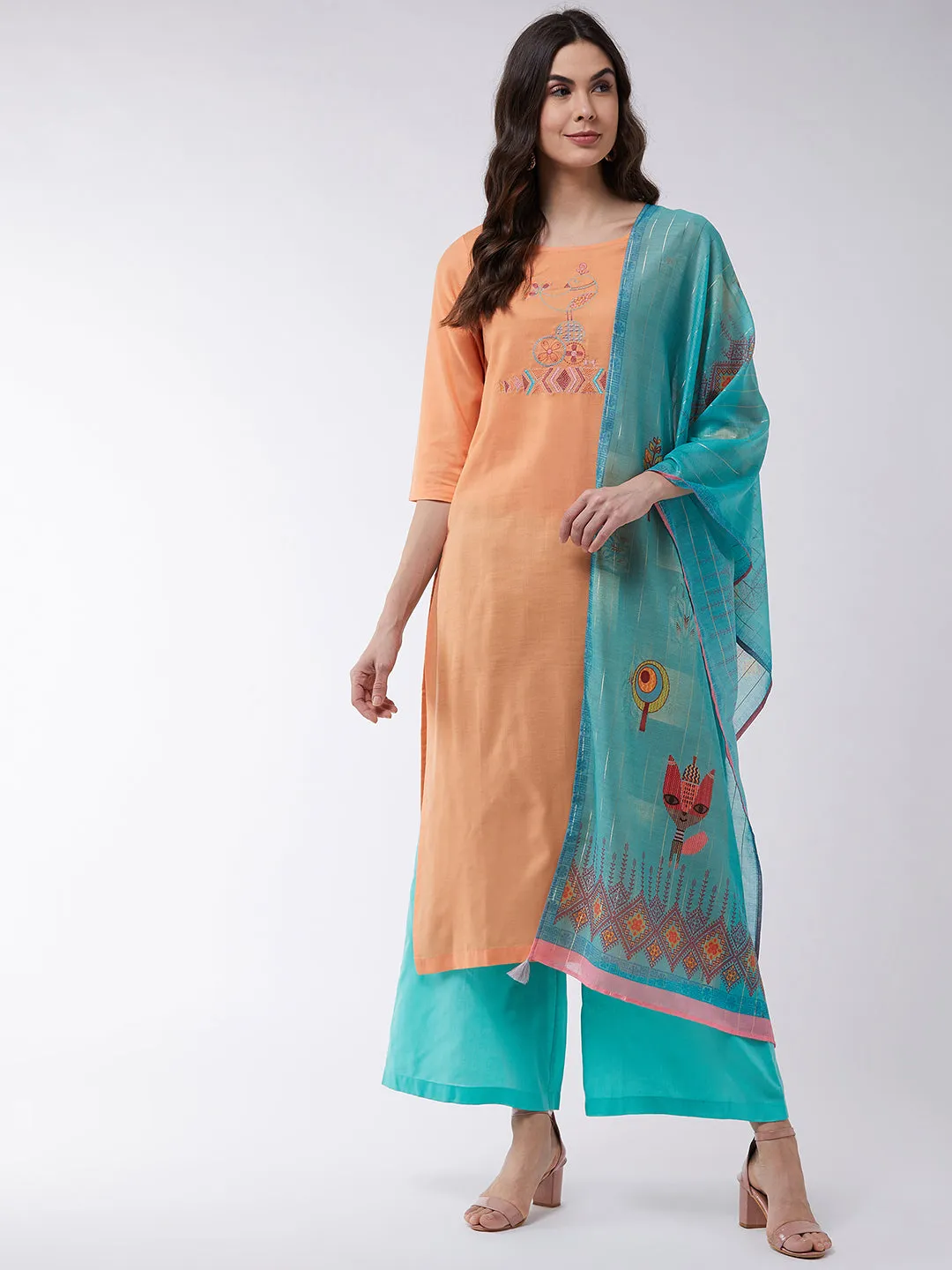 Orange Embroidered Kurta With Pants And Green Digital Printed Dupatta