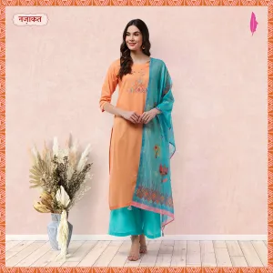 Orange Embroidered Kurta With Pants And Green Digital Printed Dupatta