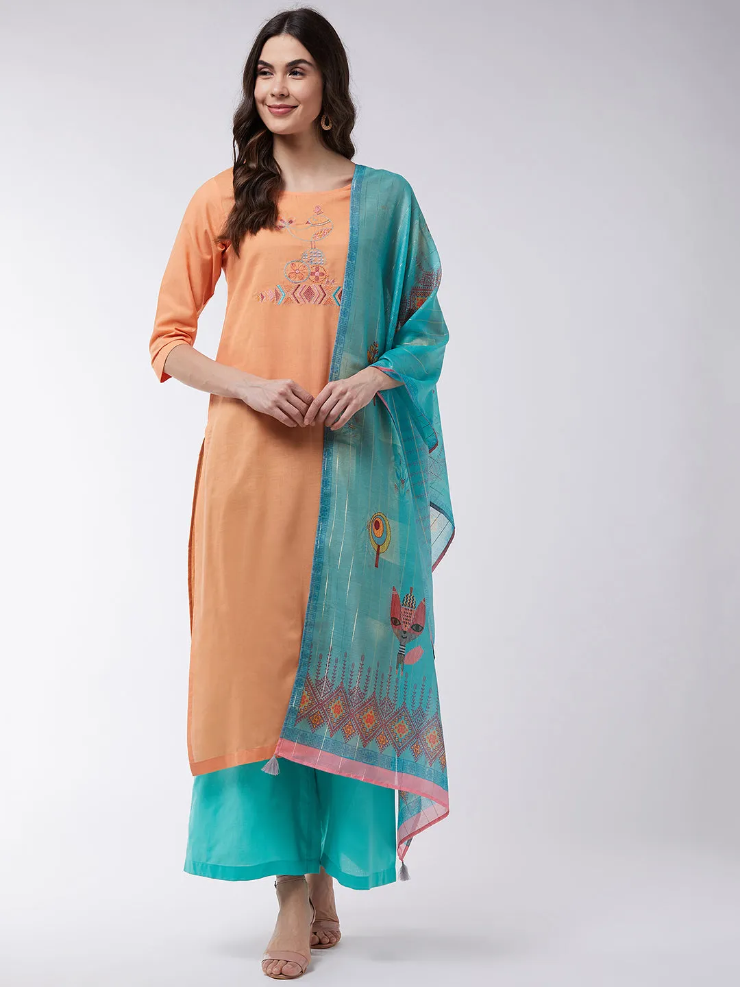 Orange Embroidered Kurta With Pants And Green Digital Printed Dupatta