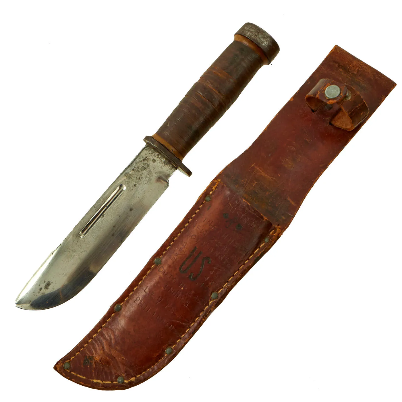 Original U.S. WWII Cattaraugus 225Q Commando Fighting Knife With Personalized Sheath