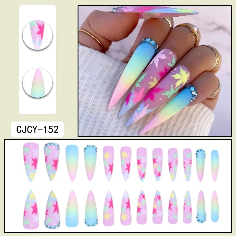 TEEK - 24 Long Pointed Multicolor Gradient Leaf Frosted Fake Nails