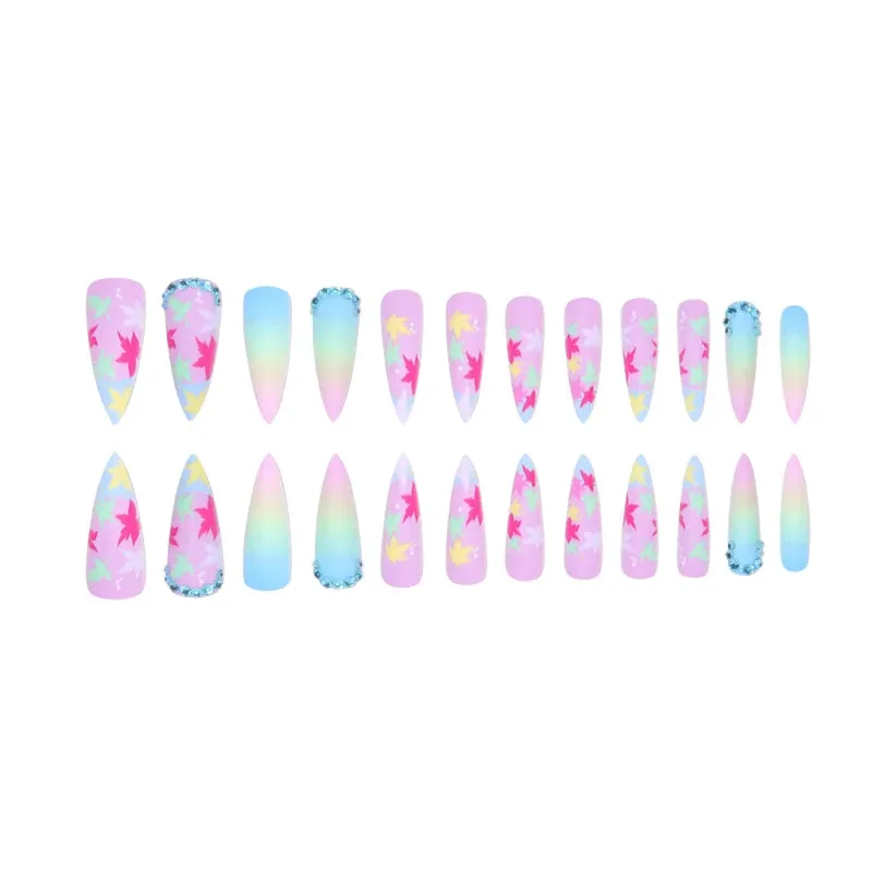 TEEK - 24 Long Pointed Multicolor Gradient Leaf Frosted Fake Nails