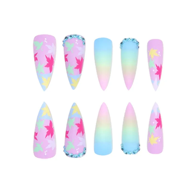 TEEK - 24 Long Pointed Multicolor Gradient Leaf Frosted Fake Nails