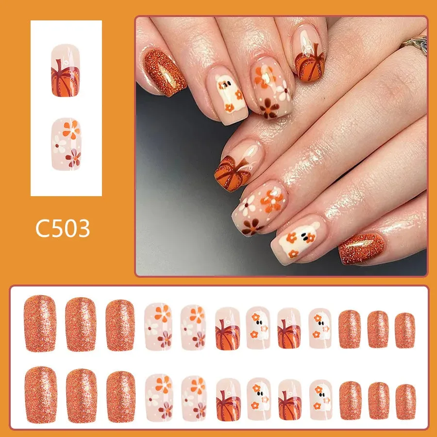 Toleet-Helloween sminken 24Pcs Orange Pumpkin Press on Nails Set Glossy Short Ghost with Flower Cute Halloween Fake Nails for Women&girls Halloween Wear