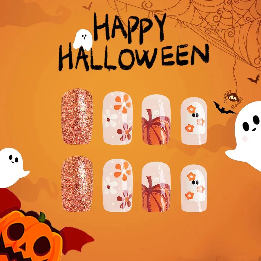 Toleet-Helloween sminken 24Pcs Orange Pumpkin Press on Nails Set Glossy Short Ghost with Flower Cute Halloween Fake Nails for Women&girls Halloween Wear