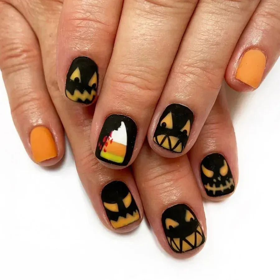 Toleet-Helloween sminken 24Pcs Orange Pumpkin Press on Nails Set Glossy Short Ghost with Flower Cute Halloween Fake Nails for Women&girls Halloween Wear