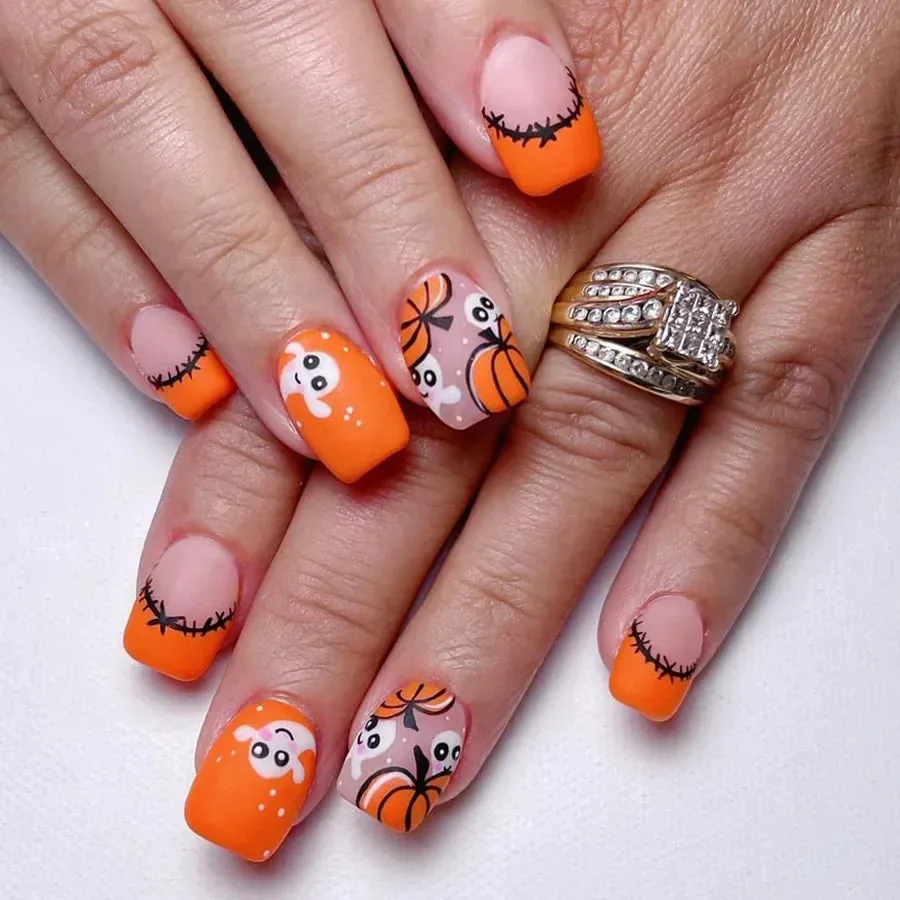 Toleet-Helloween sminken 24Pcs Orange Pumpkin Press on Nails Set Glossy Short Ghost with Flower Cute Halloween Fake Nails for Women&girls Halloween Wear