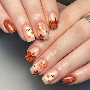 Toleet-Helloween sminken 24Pcs Orange Pumpkin Press on Nails Set Glossy Short Ghost with Flower Cute Halloween Fake Nails for Women&girls Halloween Wear