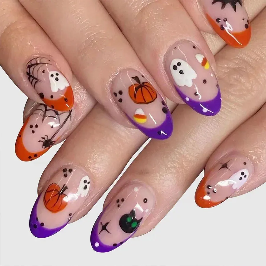 Toleet-Helloween sminken 24Pcs Orange Pumpkin Press on Nails Set Glossy Short Ghost with Flower Cute Halloween Fake Nails for Women&girls Halloween Wear