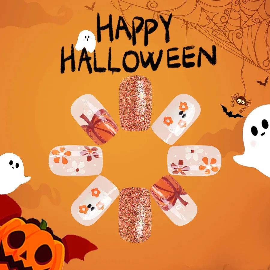 Toleet-Helloween sminken 24Pcs Orange Pumpkin Press on Nails Set Glossy Short Ghost with Flower Cute Halloween Fake Nails for Women&girls Halloween Wear