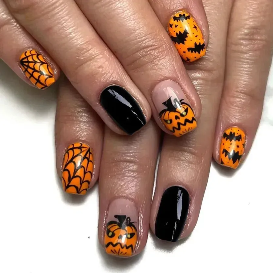 Toleet-Helloween sminken 24Pcs Orange Pumpkin Press on Nails Set Glossy Short Ghost with Flower Cute Halloween Fake Nails for Women&girls Halloween Wear